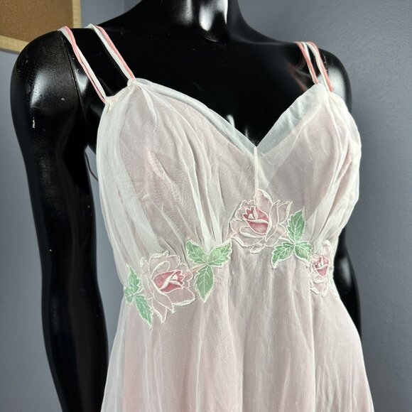 Vtg Double Layer Sheer Chiffon Over Sheath Long Nightgown Floral Strappy 32” B - Picture 8 of 16